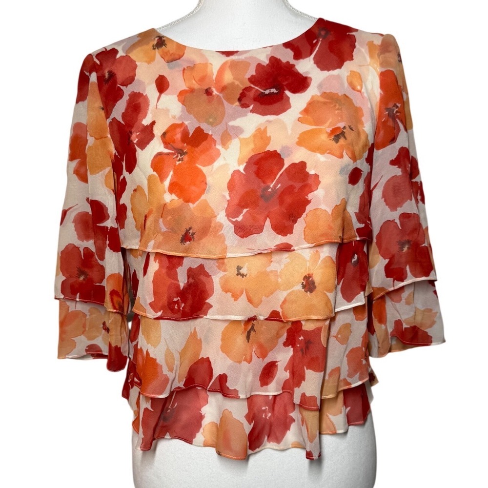 Papell Petites Silk Floral Tiered Ruffle Blouse 6P Orange Red Watercolor